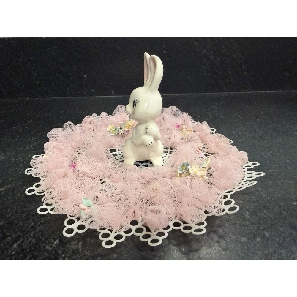 Vintage Ceramic Bunny Rabbit Figurine w Fur Tail Pink Tulle Easter Centerpiece‎